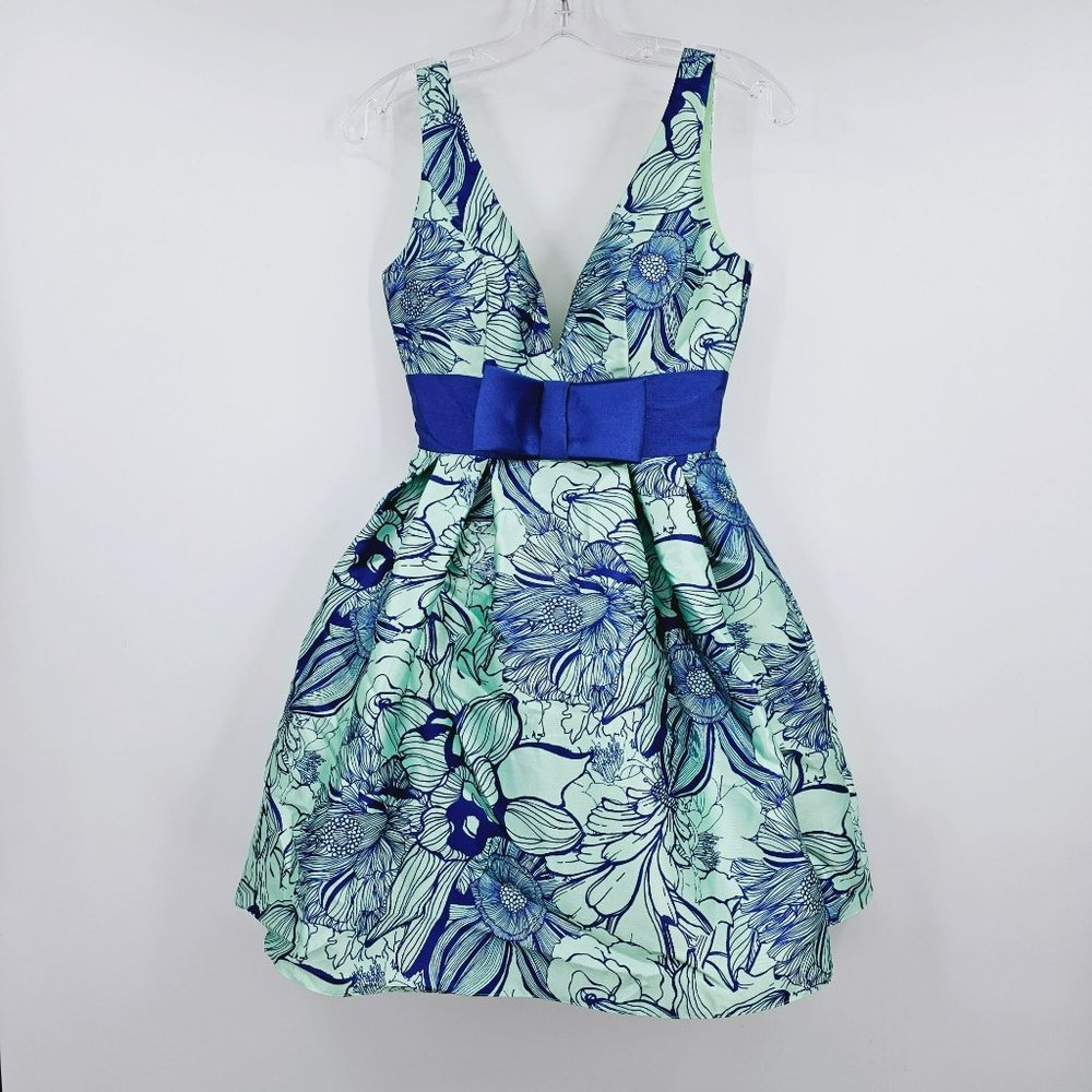 Mac Duggal After 5 Short Dress 0 Blue Green Aquamarine Floral Bow Puffy 30391C
